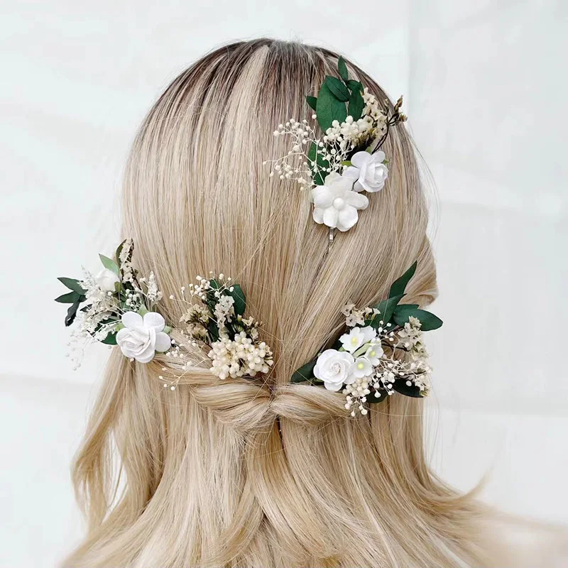 Dried Baby's Breath Greenery Bridal flower hair pins wedding headpiece with White roses