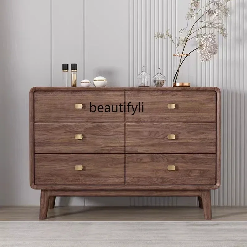 

07North American Black Walnut Chest of Six Drawers Solid Wood Entrance Cabinet Bedroom Storage Cabinet Living Room furniture