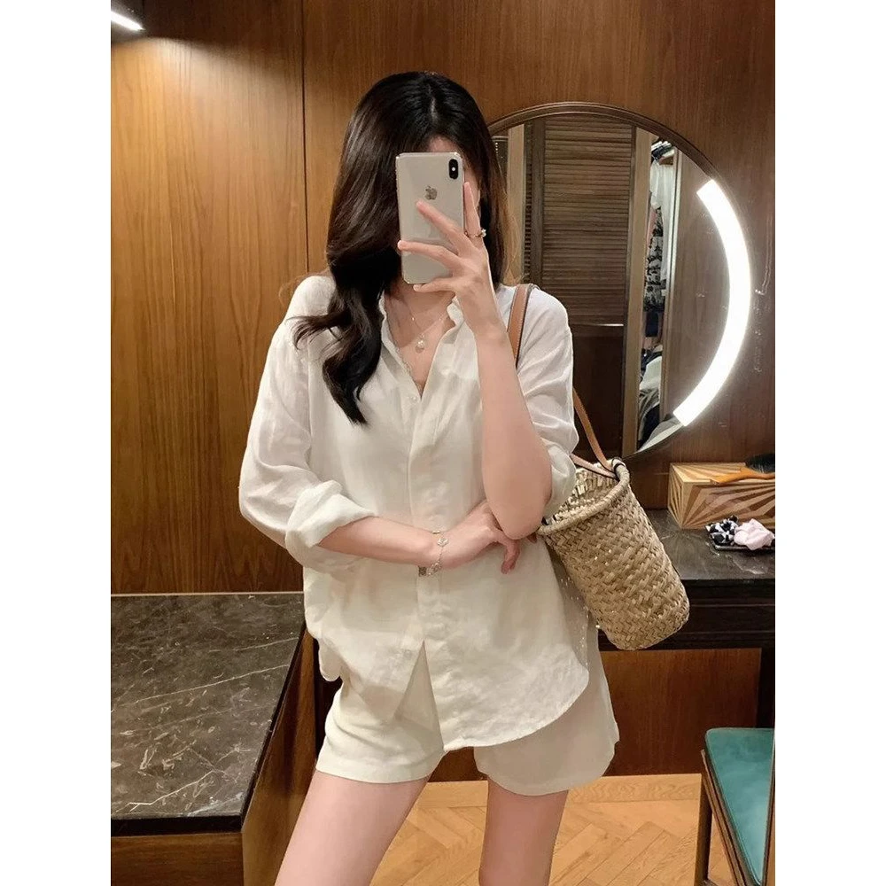 Loose Linen Shirt Set Women's Spring Autumn Lazy Simple High End Shirt Shorts Two Piece Set Comfortable Breathable Casual Spo...