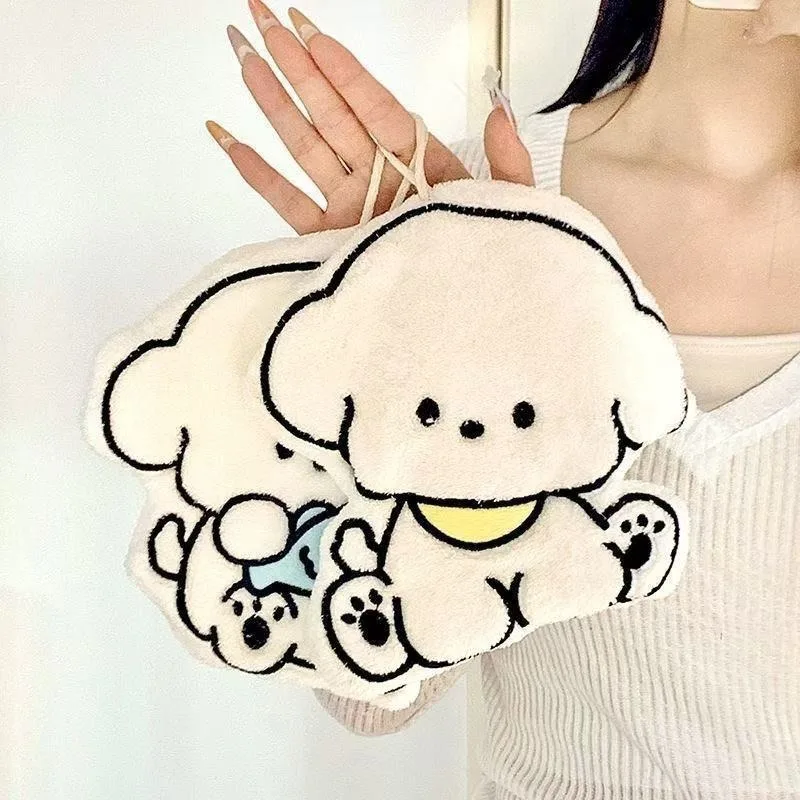 Cute Cartoon Dog Hand Towel Kitchen Wiping Cloth Hanging Absorbent Soft Coral Fleece Child's Adorable Handkerchief