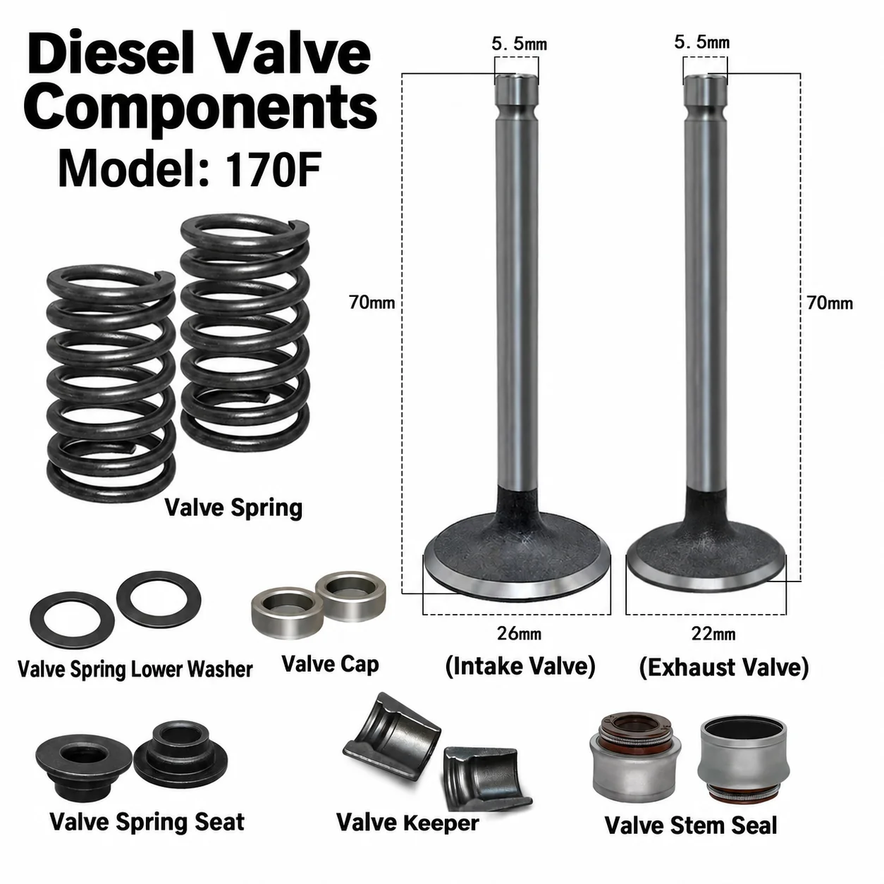Air-cooled Diesel Engine Micro-tiller Parts 186FA 173F 178F Valve Assembly Valve Spring Seat Oil Seal Complete Set