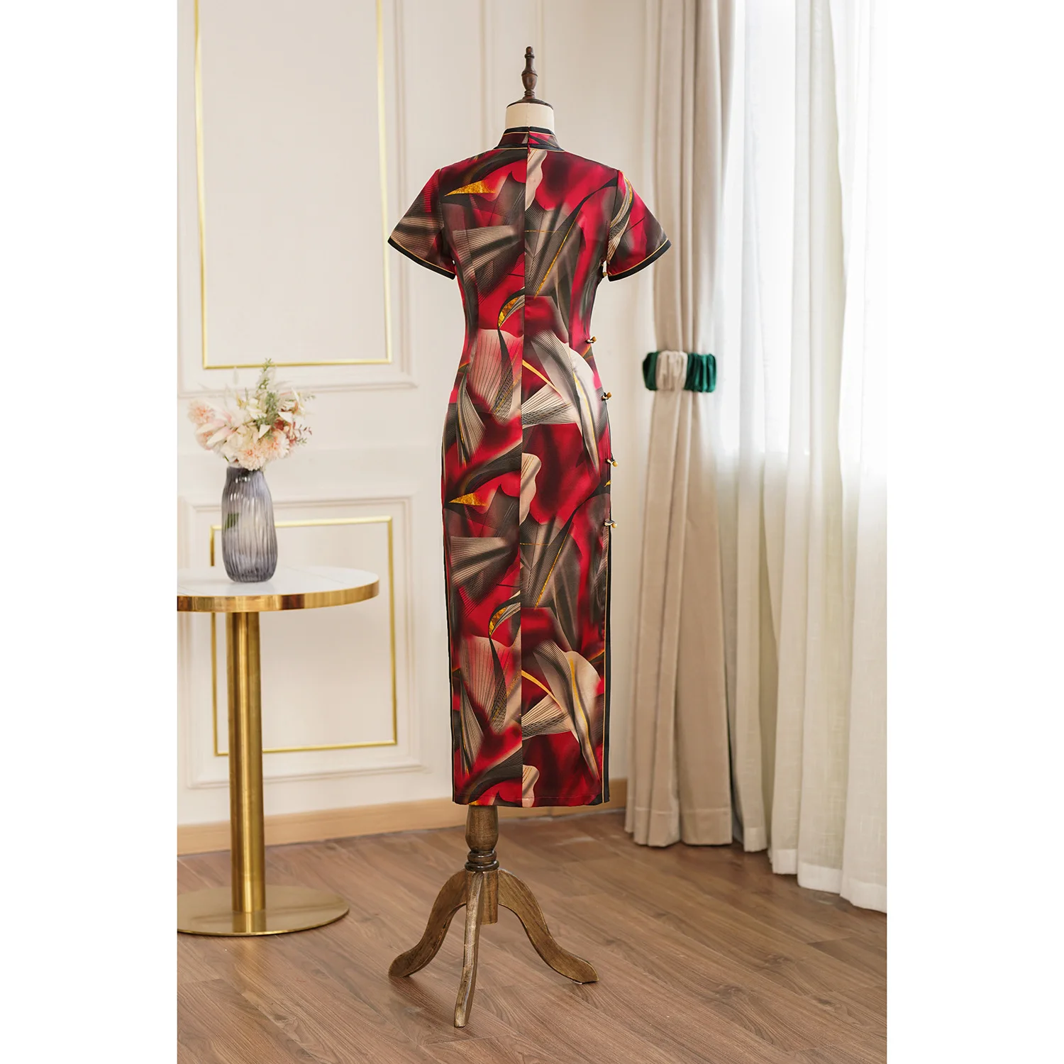 Silk Cheongsam Women Slim Print Geometry Qipao Chinese Style Dress Burgundy Party Dresses Female Slip Button Clothing Vestidos