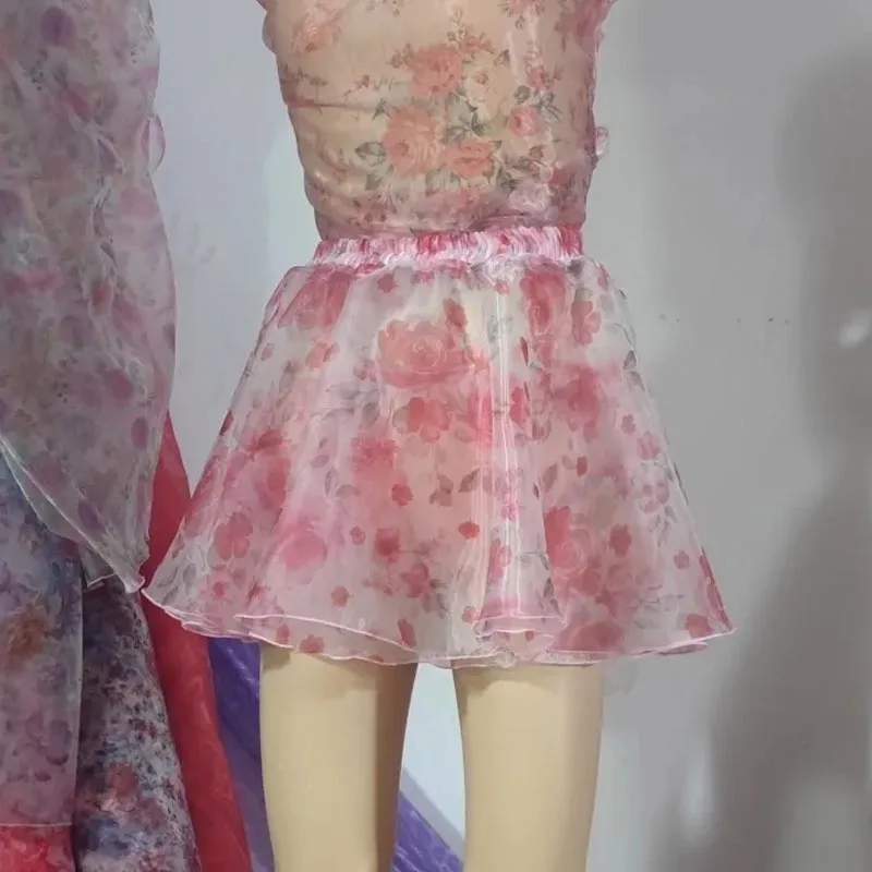 

35cm Double Layered Gloss Flowers Organza Short Skirt Soft Silky Touch Large Swing Half Skirt Princess High Waist fluffy Skirt