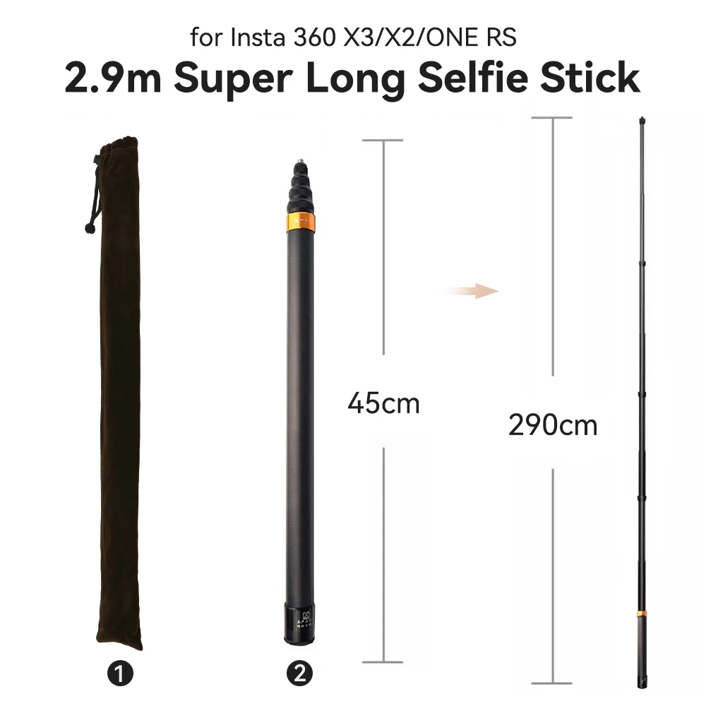 Carbon Selfie Extended Stick Ultra-Long Adjustbable Stick For Insta360 X4 X3 ONE RS/ONE R/ONE X2/ONE X /GoPro/DJI