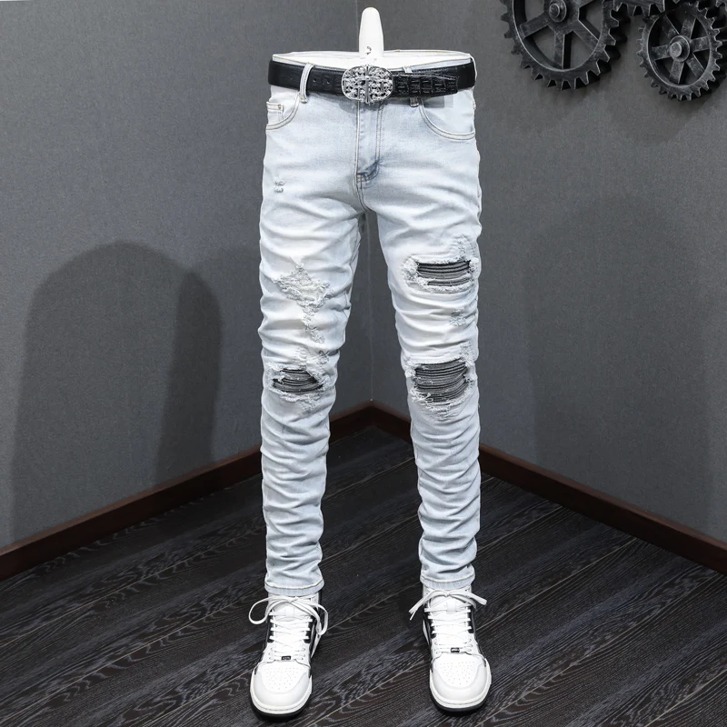 

Street fashion boutique men's retro light blue jeans elastic tight patch jeans men's designer hip-hop brand pants Hombre