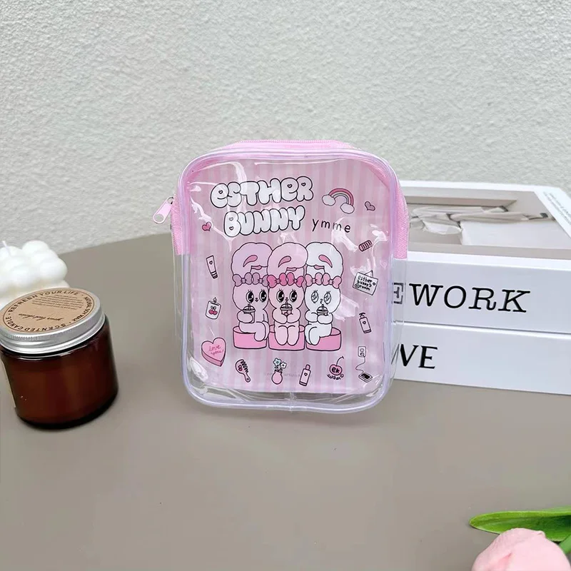 Cute Esther Bunny Transparent Makeup Bag Pink Stripes Pvc Cosmetics Storage Bag Go Out Travel Portable Toiletry Bag Friend Gift view 3