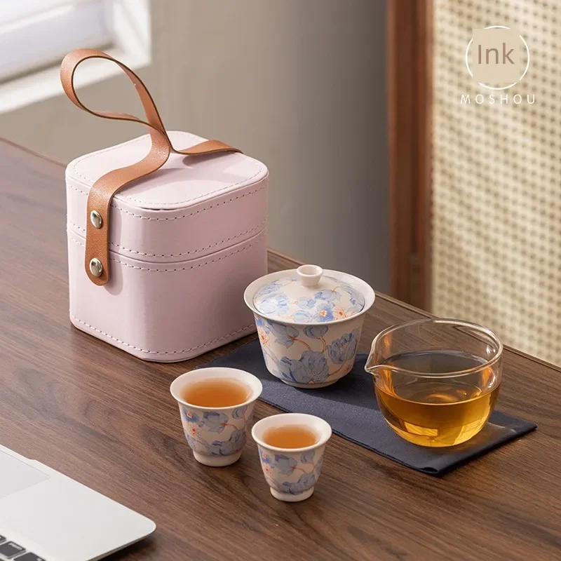Tea Ceremony Set Travel Tea Set, One Pot Three Cups, Portable Tea Accessories, Outdoor Camping Teapot, Teacup Storage Bag Teaset