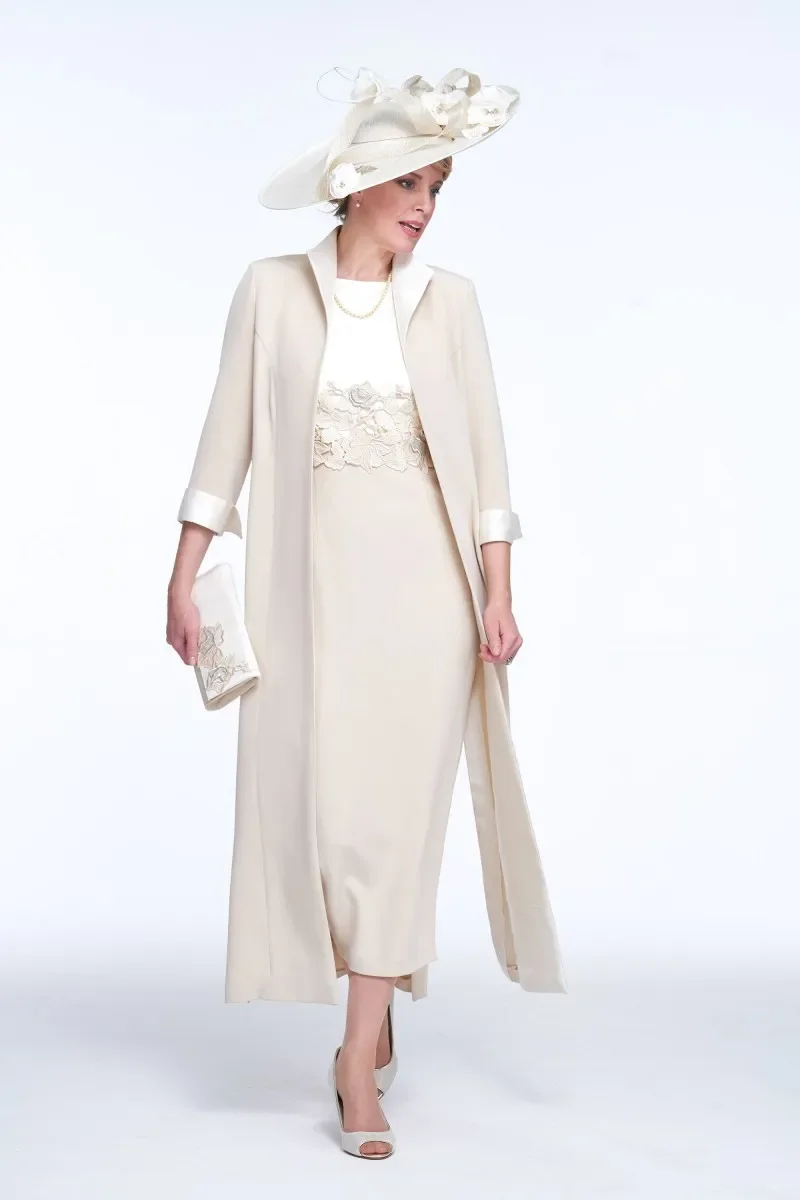 エレガントなツーピース花嫁の母ドレス茶丈レースアップリケサテン結婚式のゲストドレスジャケット付き