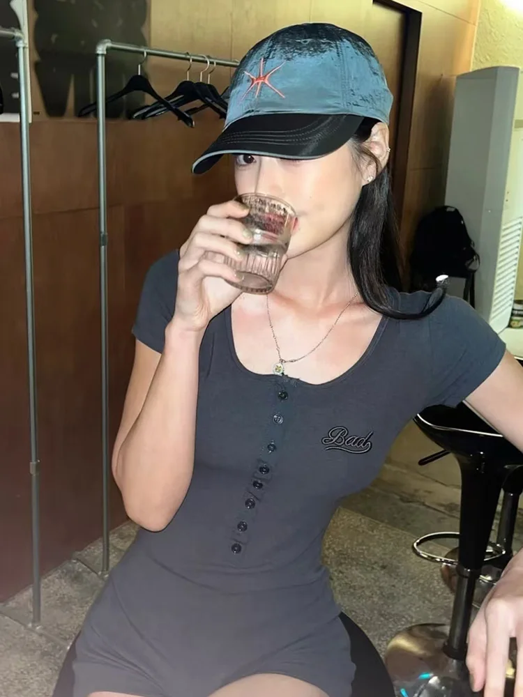 2025년 신상 순색 버튼 고탄력 U넥 오버올 섹시 슬림 섹시 걸 오버올 면 혼방 원단