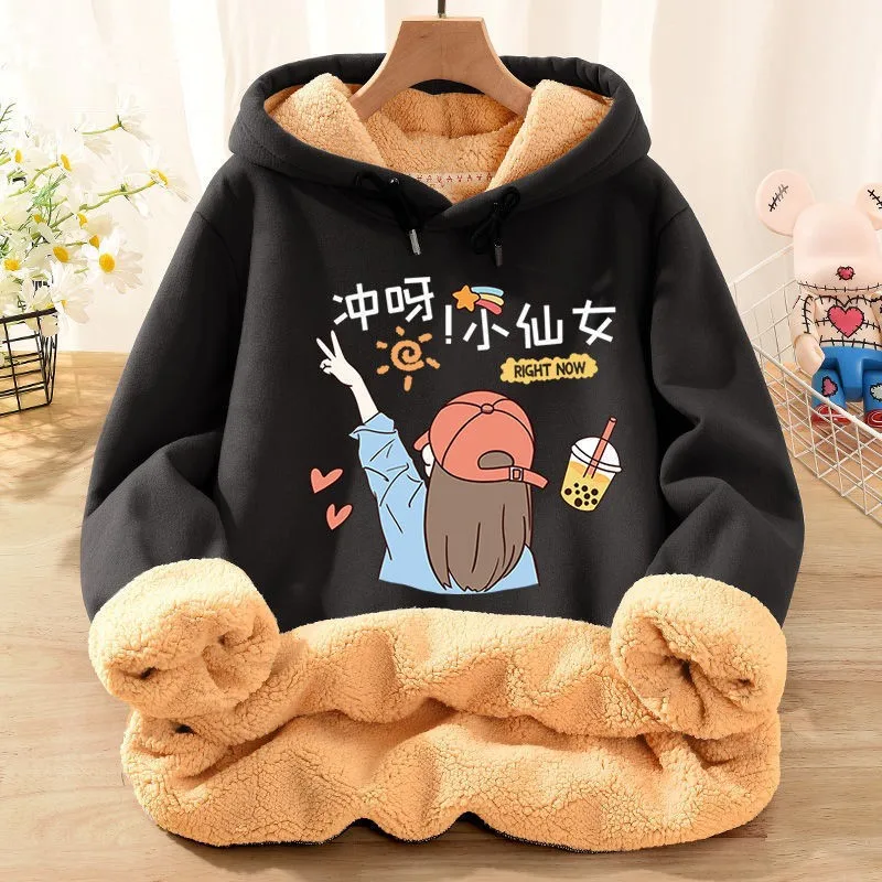 Winter Sweet New Products Sweatshirt Women Fleece Coat Print Vitality Milk Tea Fairy Pullover Orange Red Casual Hoodie Female