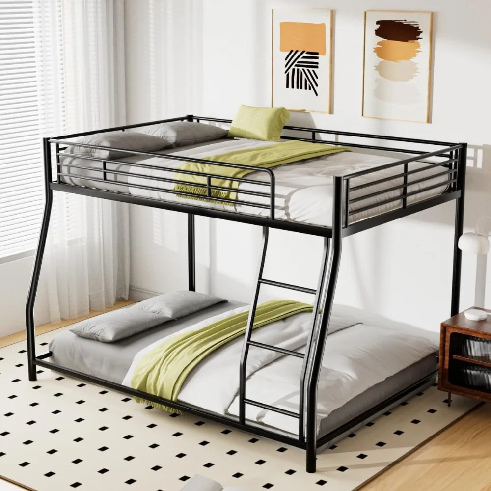 Full Over Queen Metal Floor Bunk Bed, Metal Bunk Bed for 2 with Ladders, Upper Load Bearing 250LBS, Black