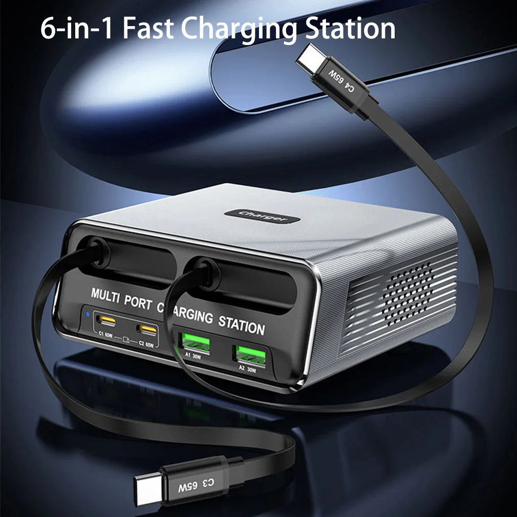 6-in-1 Multiple Devices Charging Station with Retractable USB-C Cable 210W Power Hub Fast Charger for  iPhone Samsung Tablet
