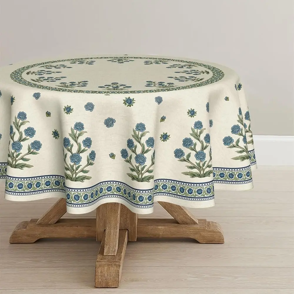 

Синяя скатерть для весенне-летнего сезона, круглая, 70×70 дюймов, с цветочным узором в стиле фермерского дома, для дня рождения, кухни, столовой, декора.