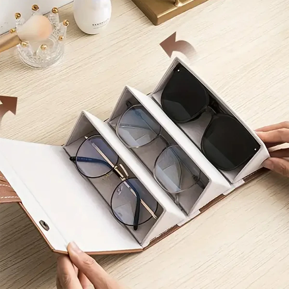 5/3 Slots Travel Glasses Case, Foldable Hanging Glasses Sunglasses Storage Rack Organizer, Pu Leather Eyewear Holder Minimalist