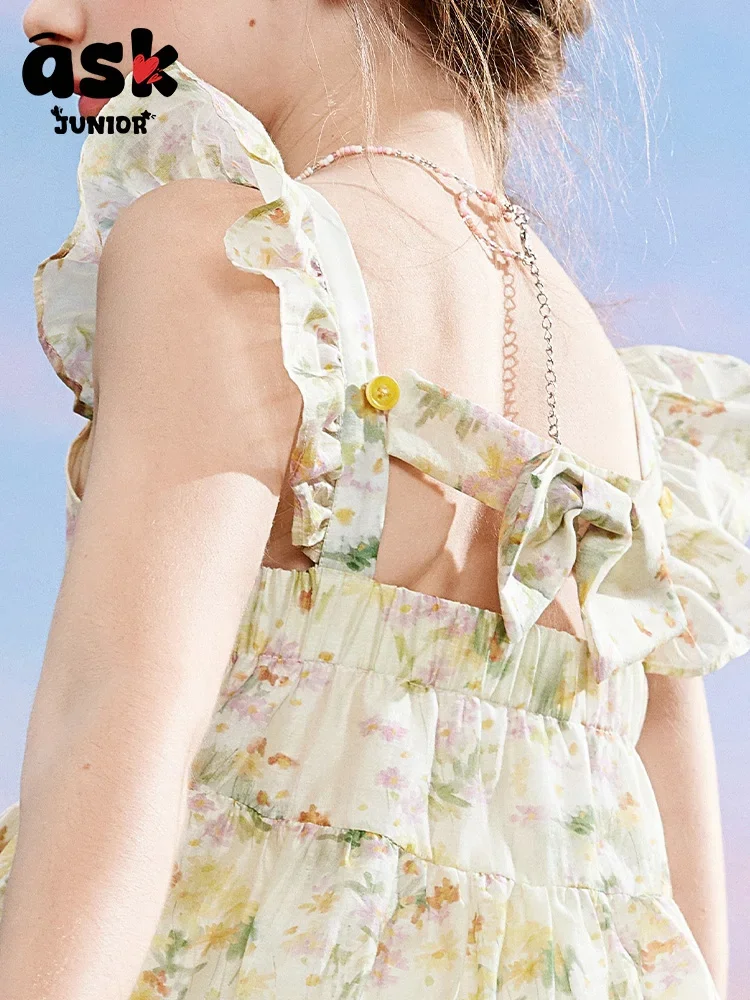 اسأل فستان صيفي للفتيات الصغيرات بحمالات زهرية وأكمام طائرة #6