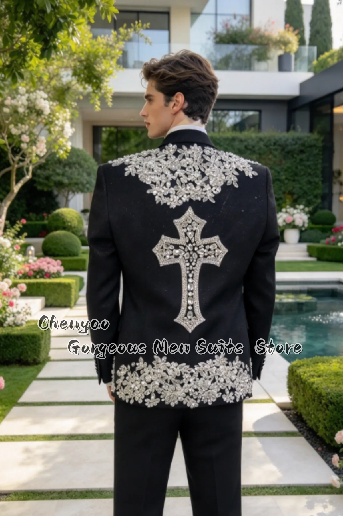 Luxury Handmade Rhinestone Embroidery Men Suits Customized Blazer Slim Fit Wedding Groom Prom Formal Party Tuxedos 2 Piece Sets