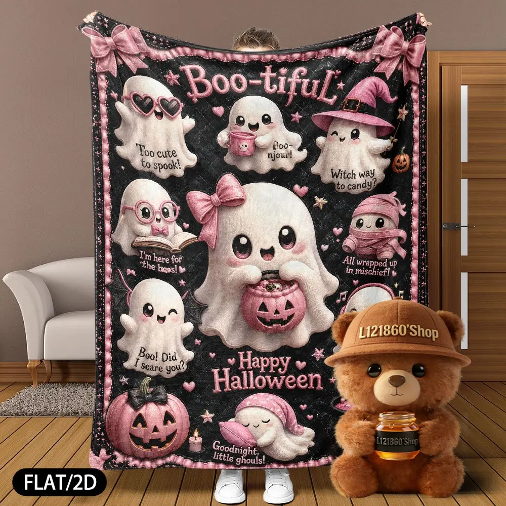 Flat/2D Pink Halloween Ghost Theme Digital Print Flannel Blanket Black Pink Sweet Cool Bow Pumpkin 