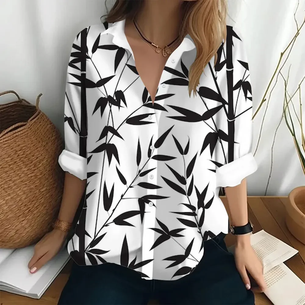 

New Spring Summer Women Blouses Fashion Bamboo Leaf Pattern Printing Shirt Elegant Casua Everyday Blouse Ladies Loose Style Tops