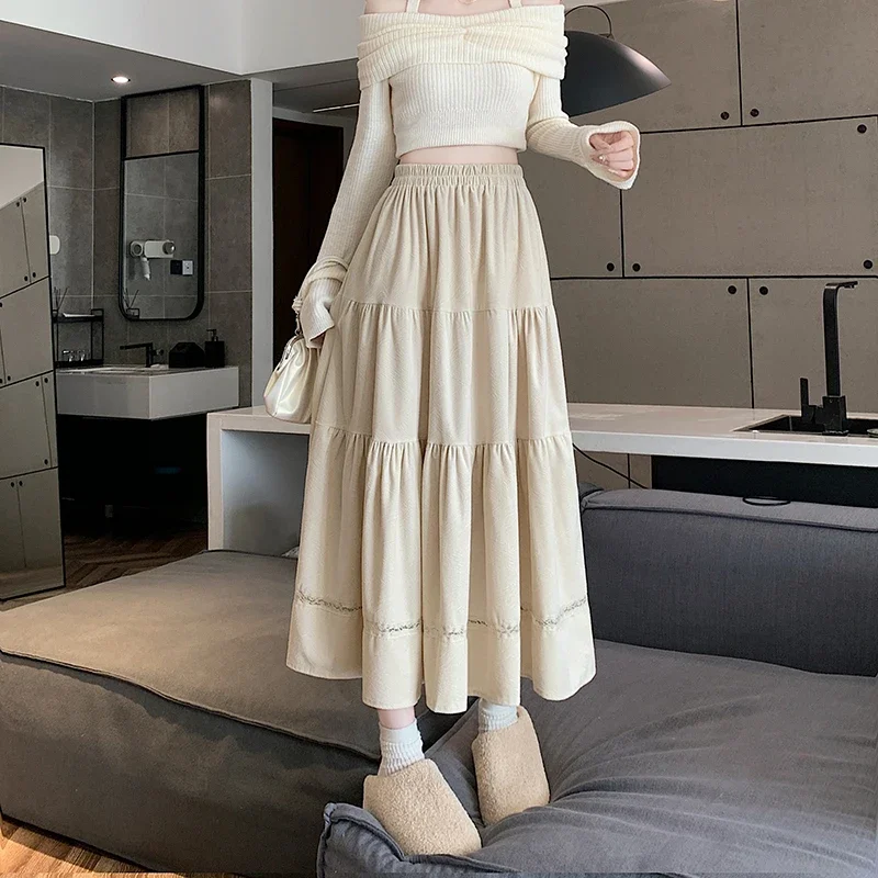 Velvet Skirt Women 2024 Autumn Winter New Elastic Waist Slm A-line Midi Long Dress Harajuku  Vintage