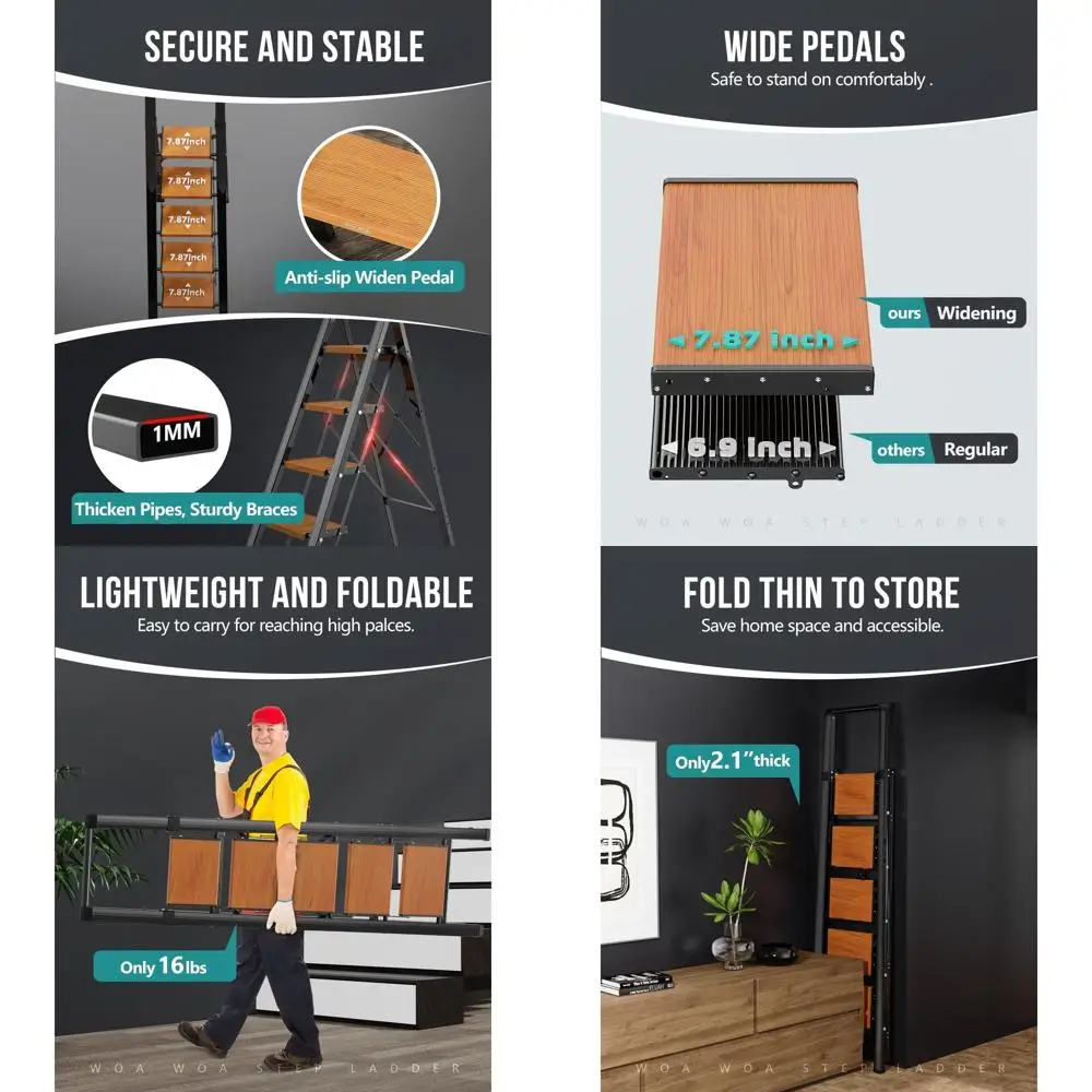 

Складная алюминиевая стремянка с противоскользящими ступеньками, вместимость 300 фунтов, для домашнего использования, доступны 10 футов, удобное хранение, черное и деревянное зерно.