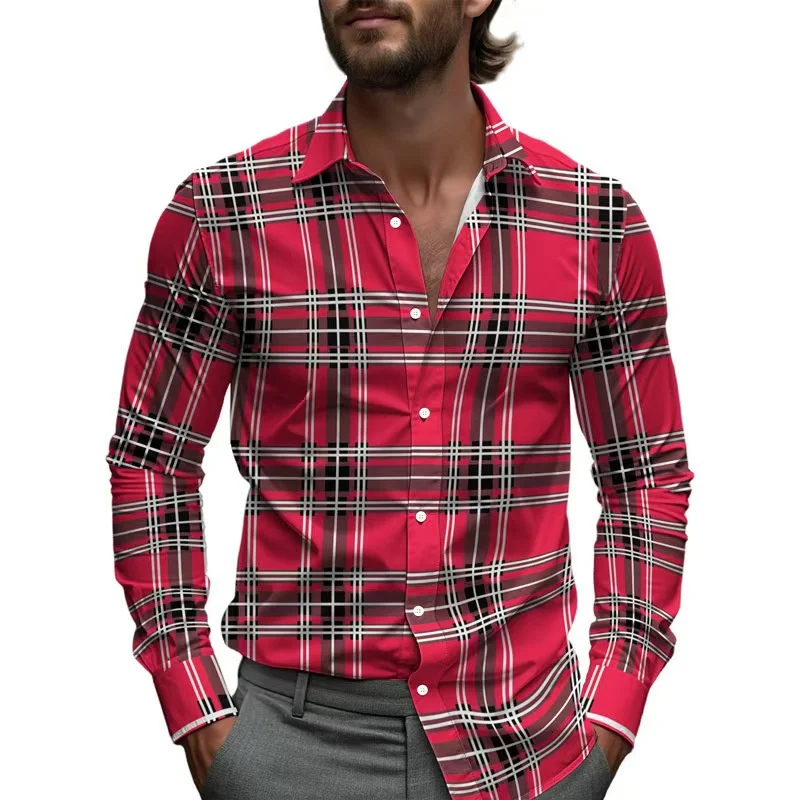Business shirt line plaid stripes men's printed shirt four seasons single-breasted lapel long-sleeved shirt 2025 Hawaiian shirt