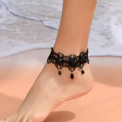 Stylish Bohemian Style Weaving Foot Rope Set Black Color Cloth Art Friendship Surfing Foot Rope Female Lace Anklet Tassel Jewelr