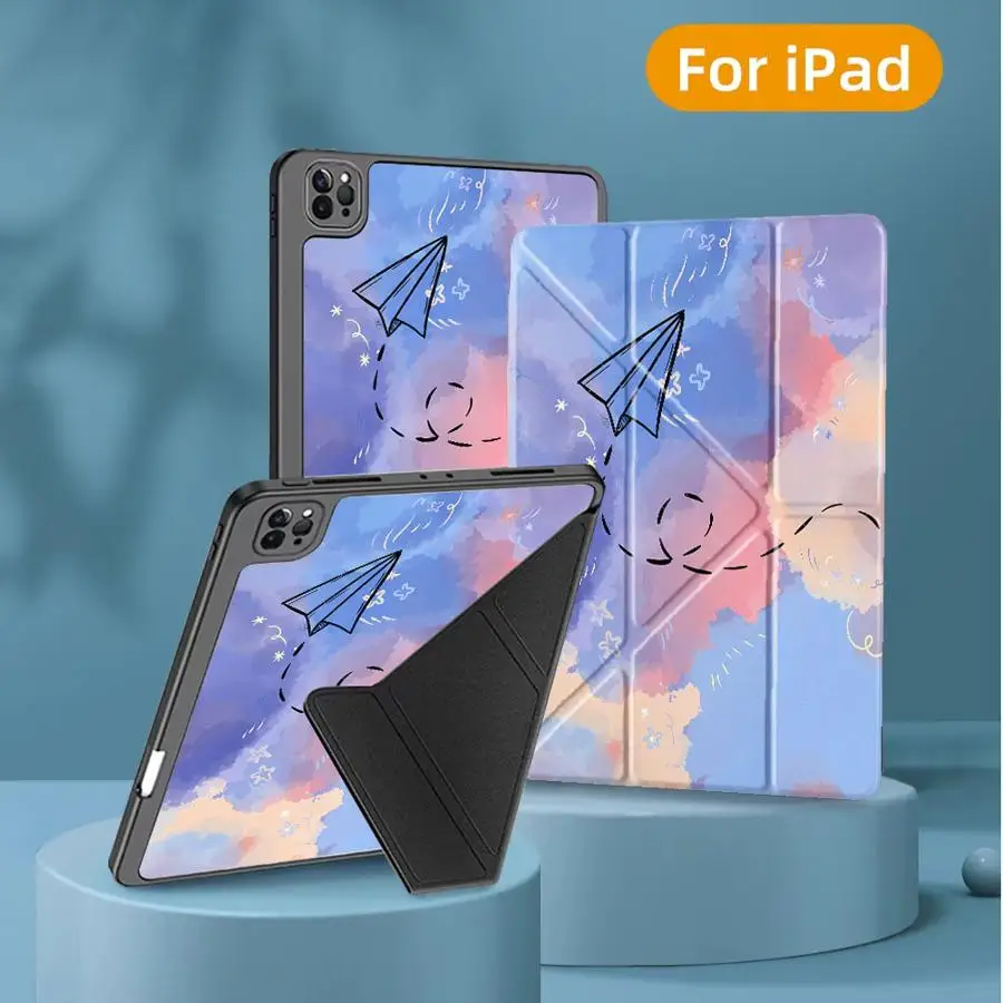 Watercolor Paper Plane Lines Holder Cover Tablet Case For iPad Mini 6 7 Air 4 5 M3 M2 M4 11inch Pro 11th 10th 9th 8th 7th