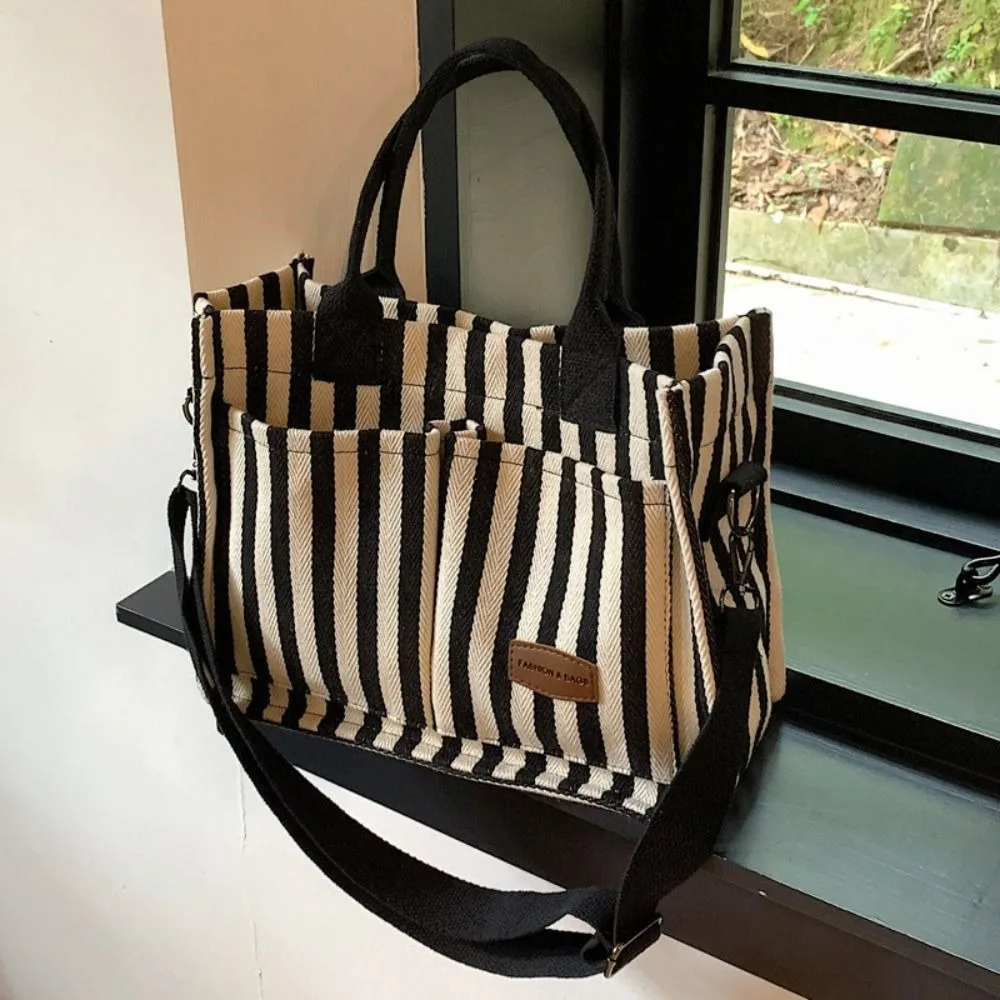 

Temperament Large Capacity Stripe Canvas Tote Bag Korean Style Fashion Shoulder Bag Simple Portable Cloth Handbag Shopping