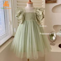 Summer New Fashion Children Clothing Korean Style Kids Princess  Party Dress With Lace Pearl Mesh Flare Sleeveless For Girls