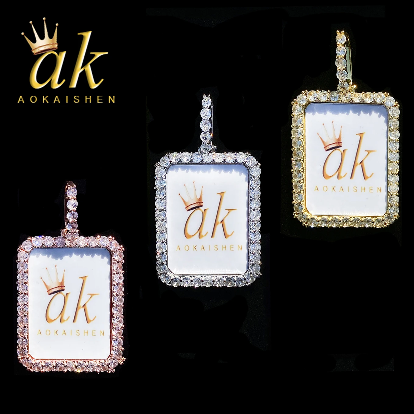 Aokaishen Iced Solid Back Rectangular Custom Photo Necklace Pendant Men Real Gold Plated 5A Cubic Zirconia Hip Hop Jewelry