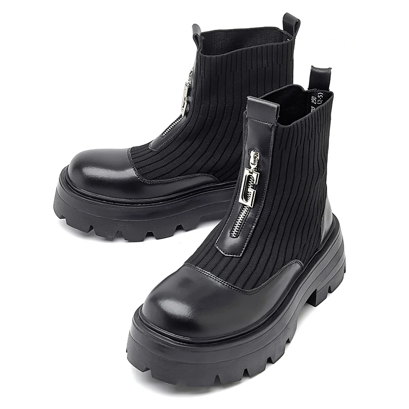 Sepatu Bot Pendek Pria Sepatu Kulit Ritsleting Tinggi Bersol Tebal Inggris Sepatu Sepeda Motor Ujung Bulat Modis Kualitas Tinggi