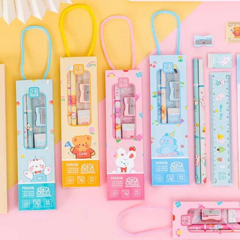 28Sets 5 in 1 Cute Cartoon Pencil Set Portable Stationery Set for Kids Gift Pencil Eraser Sharpener Ruler School Supplies