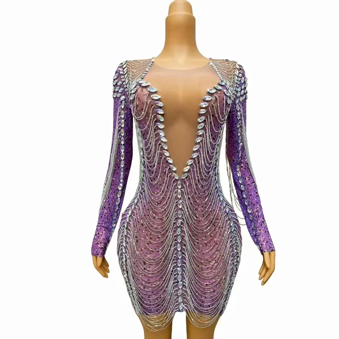 Perspektive Mesh bunte Strass Kleid Frauen sexy Stretch einteiliges Outfit Nachtclub DJ Sänger Tanz tragen Bar Party Kostüm