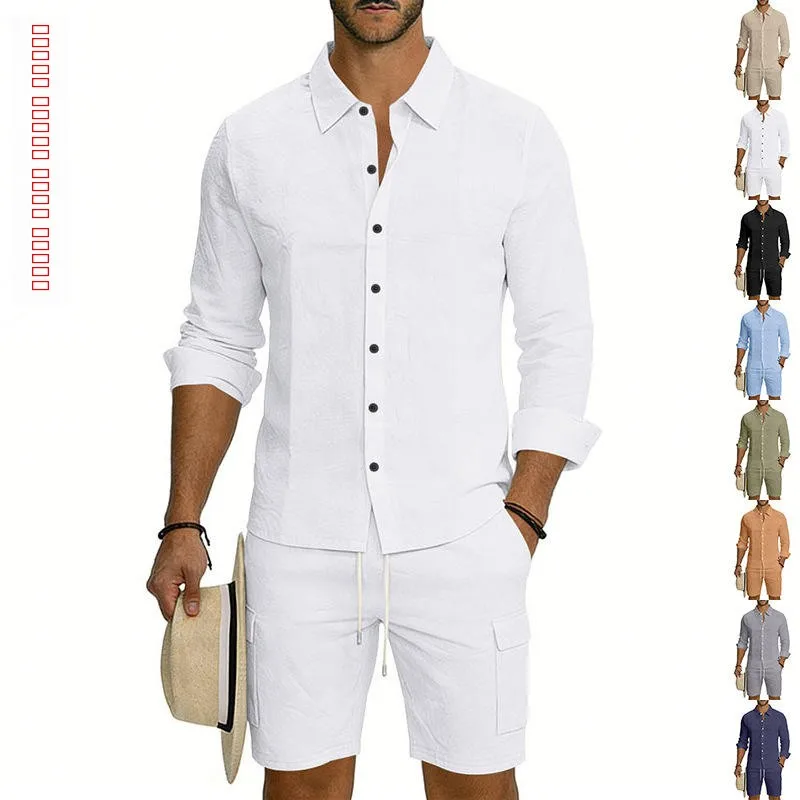 

American Style Summer Men's Linen Loose Casual Long Sleeve Shirt Multi Pocket Workwear Shorts Set Youth Summer Outfit
