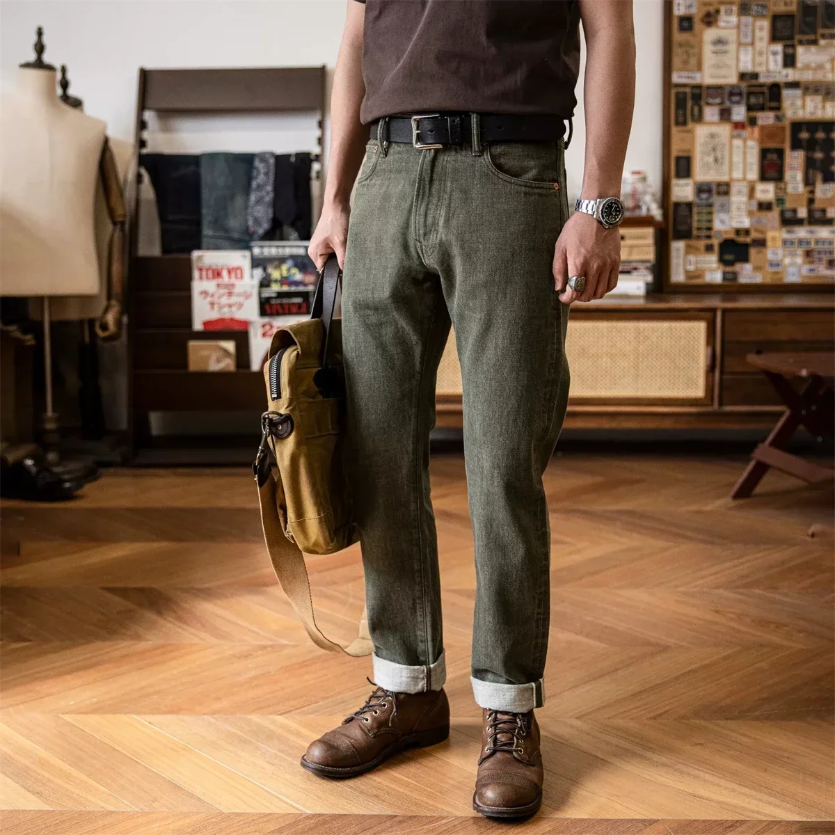 Vaqueros de corte recto regular para hombre Red Tornado en pantalones vaqueros con orejeras de estilo resistente verde