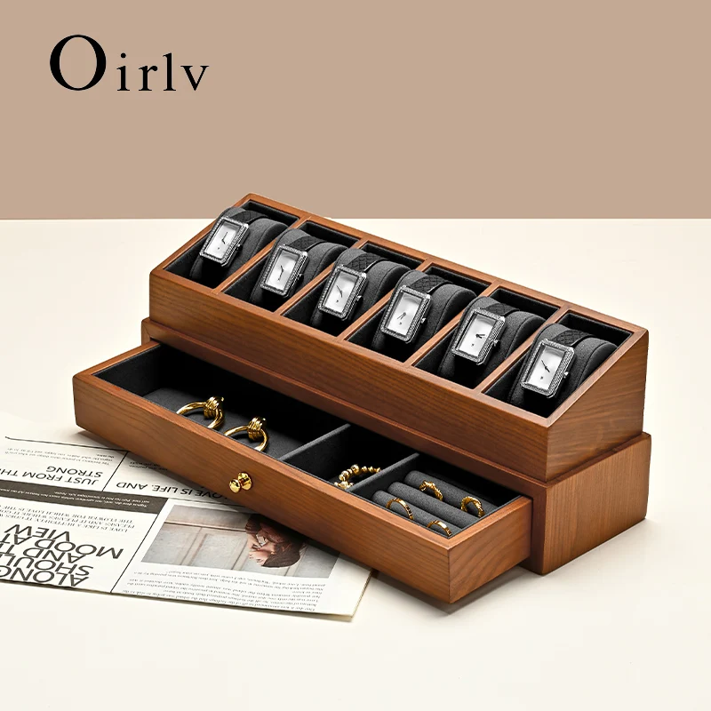 

Oirlv 6 Grilds Wooden Watch Box Double-layer Jewelry Organizer Wrist Watch Display Box Dust-proof Transparent Cover Watch Case