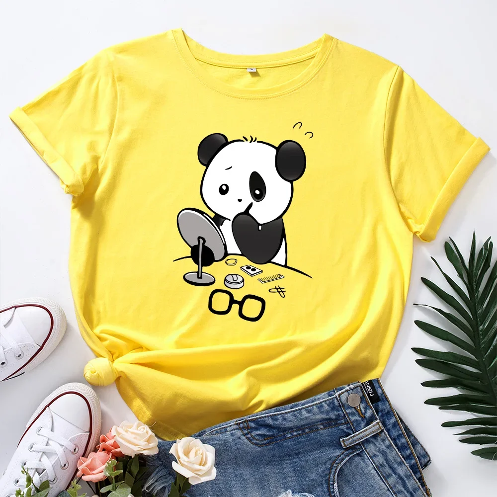 Summer Women T Shirt Panda Put on Makeup Fashion Female T-shirt 100% Cotton O-Neck Short Sleeve T-Shirts New Casual Tops