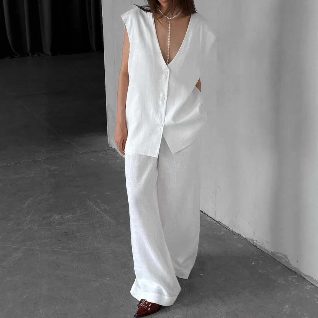 2026 Fashion Sleeveless Tank Top With Mid Waist Wide Pants Set Female Summer Loose Brown Linen 2 Piece Sets Women Outfit