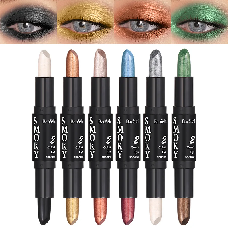 ダブルヘッド 6 色アイシャドウスティックダイヤモンドフラッシュペンペンシルパールロングエフェクトアイシャドウ