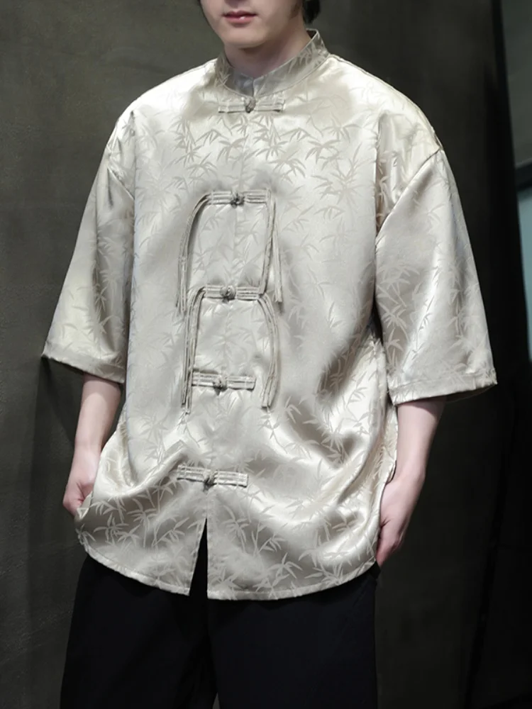 

Мужская рубашка из ледяного шелка на пуговицах с коротким рукавом, в стиле ретро, китайский костюм Тан, модифицированный ханьфу, летняя новинка, с принтом, свободного кроя