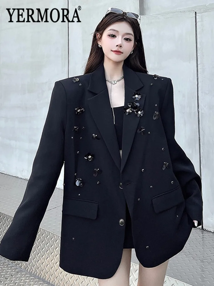 

YERMORA черный блейзер со стразами и блестками и цветами для женщин, свободная новая куртка с лацканами и длинными рукавами, модная весна-осень 2025