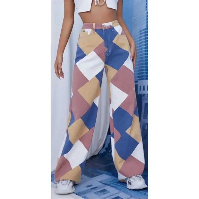 Women\'s Multi Color Stitching Printed Pants Straight Tube Printed Long Trousers Checkered Loose and Slim Wide Leg Pants