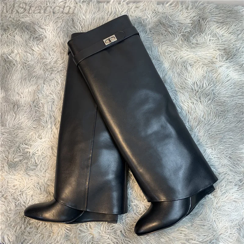 Shark Lock Women Boots Brand Design Genuine Leather Slip-on Knee High Boots For Woman Motorcycle Botas Mujer Fashion Wedge Shoes