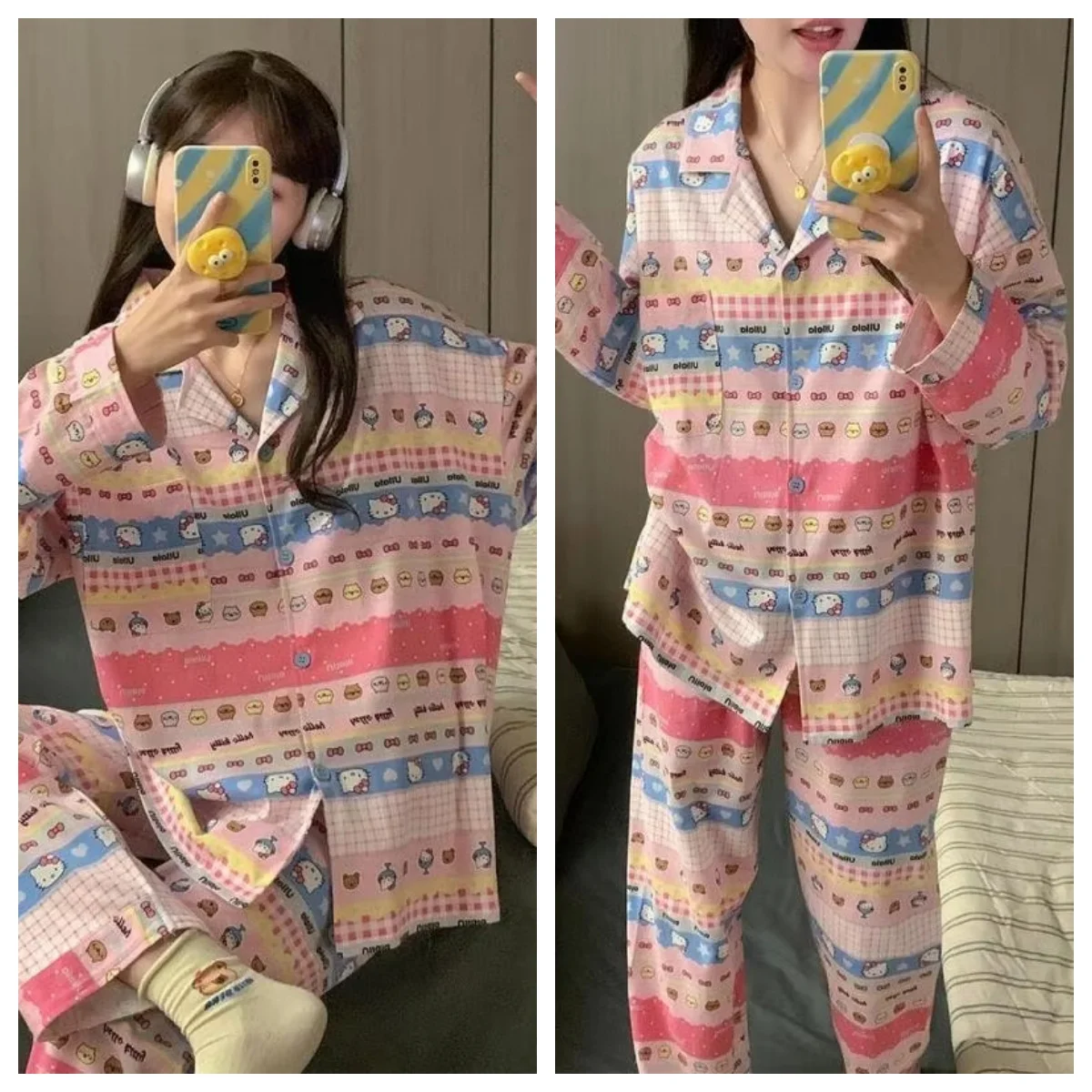 

Sanrio Hello Kitty Pajamas Set Soft Fabric Women Homewear Cute Dopamine Korean Style Spring New Long Sleeve Long Pants Sleepwear