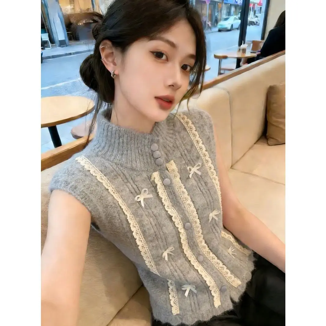 Gray Knit Sleeveless Vest with Lace Trim and Bow Details for Women Spring Autumn Casual Wear