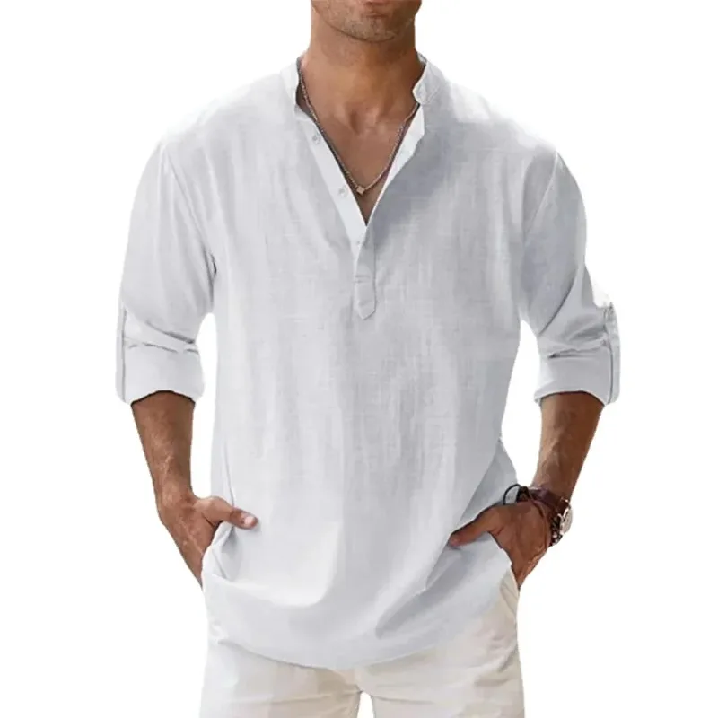 

Cotton Linen Hot Sale Men's Short-Sleeved Shirts Summer Solid Color Collar Casual Beach Style Hawaiian Vacation