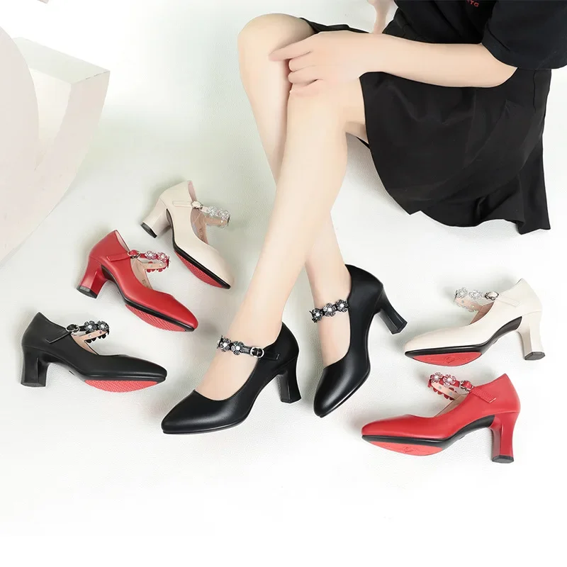 5.5cm 7cm Shallow Soft Leather Mary Janes Red Beige Wedding Shoes Spring 2024 Block High Heels Pumps for Office Model Party