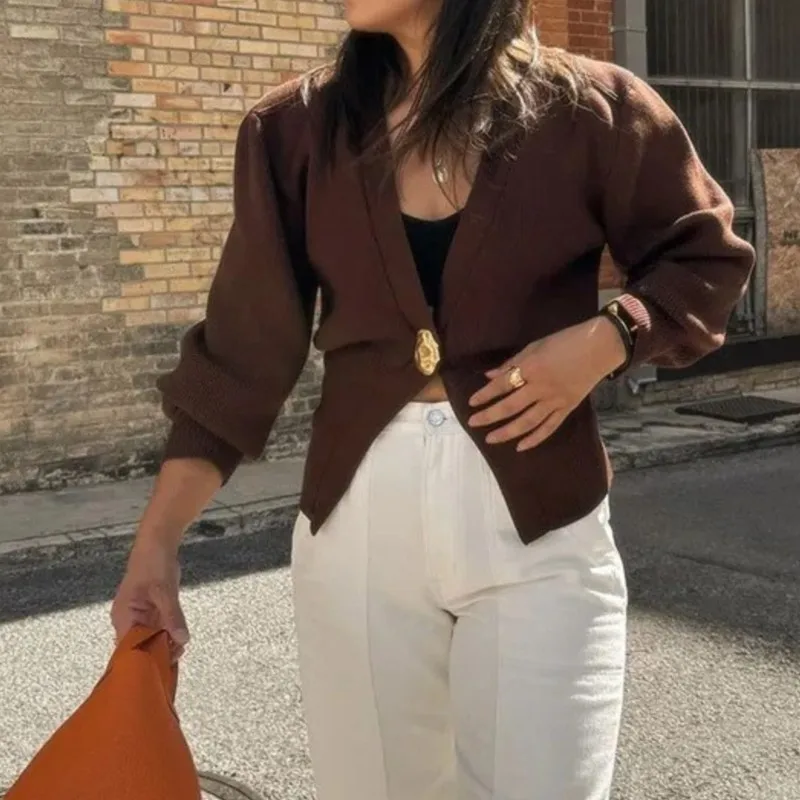 

Women's Fashion Button Knitted Cardigan Vintage V Neck Full Sleeve Cropped Sweater Autumn Elegant Lady Knitting Jumper Coat