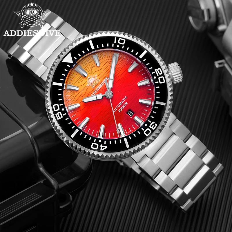 

ADDIESDIVE AD2526 Reloj Hombre 100bar Diver Automatic Mechanical Watch Calendar Display NEW Gradient Sapphire Men Watches Luxury
