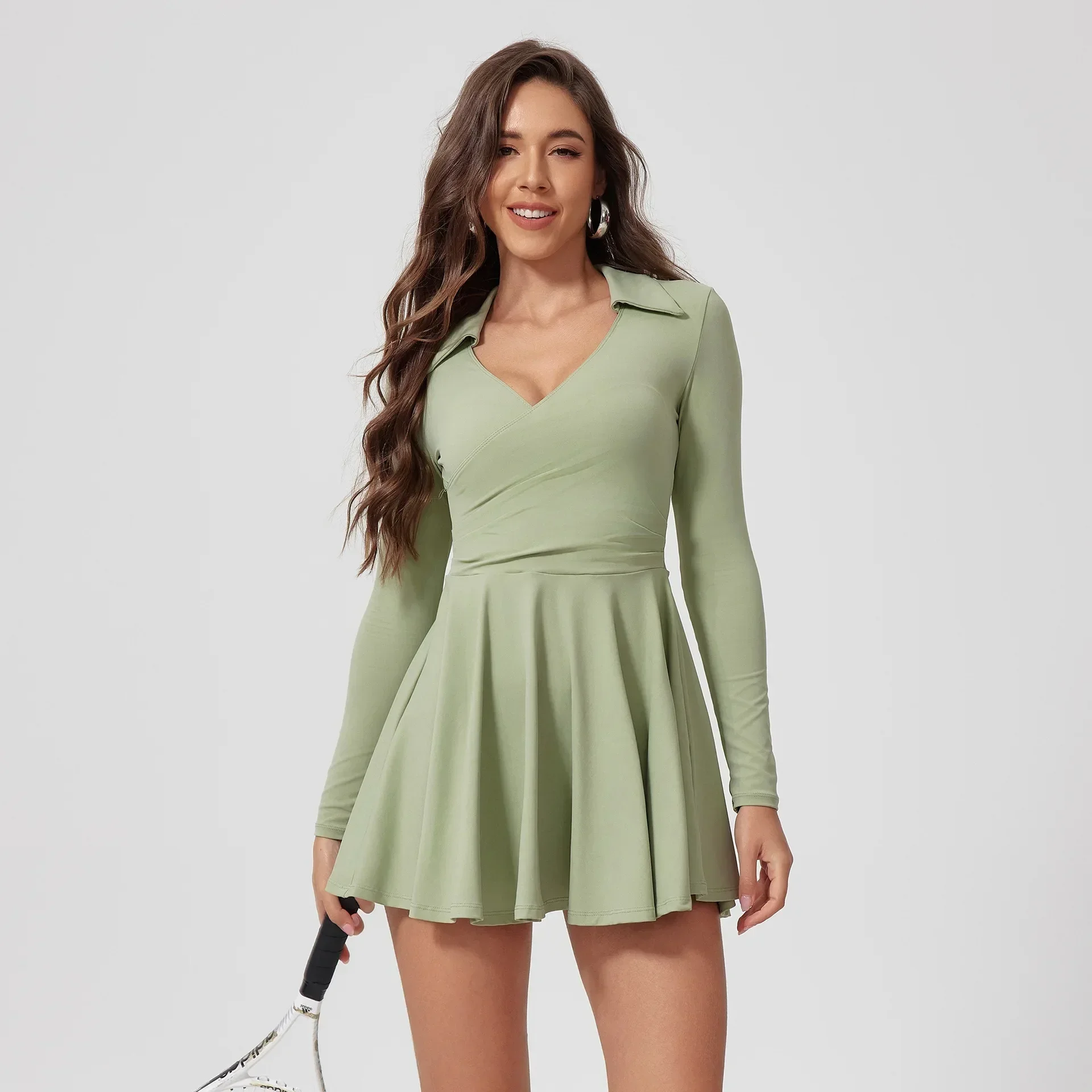 Tennis Dress One-Piece Jumpsuits Sports Fitness Golf Badminton Long-Sleeved Skorts Slim Tracksuits with Chest Pads Yoga Suits image 3